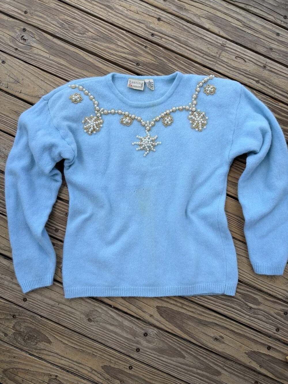 Hasting & Smith Women's Size M Light Blue Beaded Snowflake Embellished Sweater
